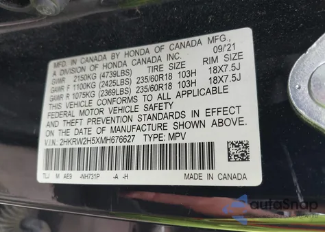 2021 Honda Cr-V Awd Ex z USA, uszkodzony, nr VIN 2HKRW2H5XMH676627